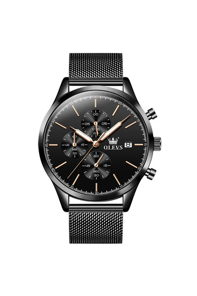 OLEVS Ceas barbatesc , otel inoxidabil, negru, cadran negru