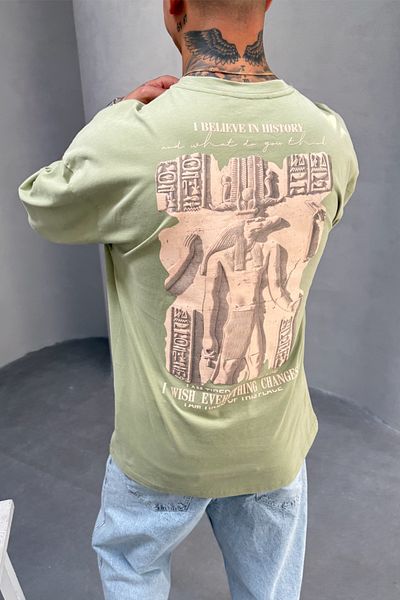 MADZEYMODA Ανδρικό μπλουζάκι Oversize Fit 100% βαμβακερό με λαιμόκοψη με στάμπα χακί Mz3016