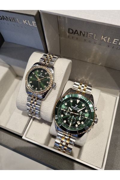 Daniel Klein Green Dial Dear Yellow Steel Bracelet Wrist Watch - Set of 2