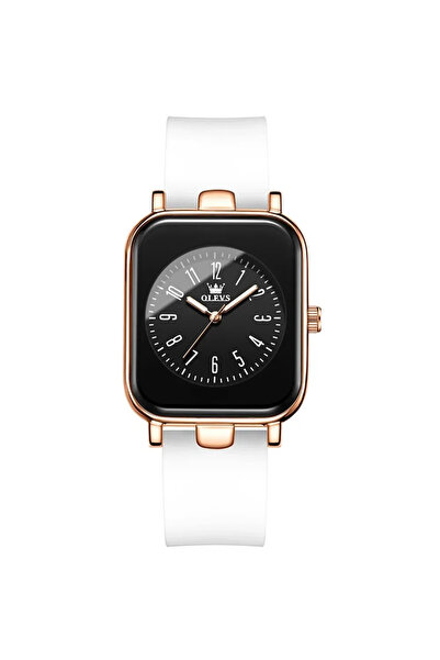 OLEVS Ceas de dama Olevs , curea din silicon, alb-rose gold, cadran negru