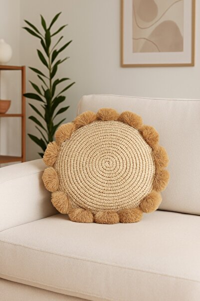 oceanpoint Doğal Hasır Yuvarlak Kırlent, El Yapımı Dekoratif Yastık, Bohem Ta...