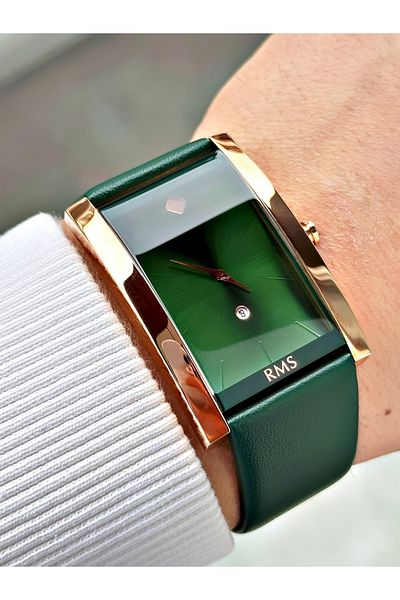 Romanson men's Wristwatch - Green Color, Special Design, Cornered Dial, 5 Atm Waterproof Leather Cord, Steel Case