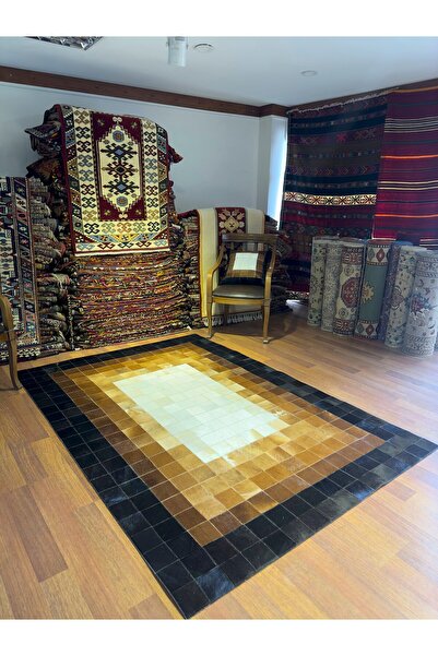 DOGANLAR ANTIQ GERÇEK DANA DERİSİ PATCHWORK 01 KAHVE-BEYAZ ÖZEL TASARIM HALI