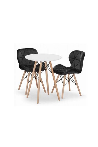 Karaca Set masa rotunda in stil scandinav + 2 scaune Lago din catifea, Artool, MDF si lemn, alb si negru