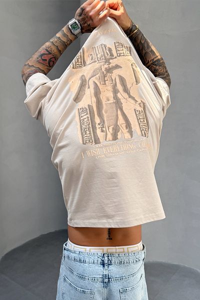 MADZEYMODA Ανδρικό μπλουζάκι Oversize Fit 100% βαμβακερό μπλουζάκι με στάμπα μπεζ Mz3016