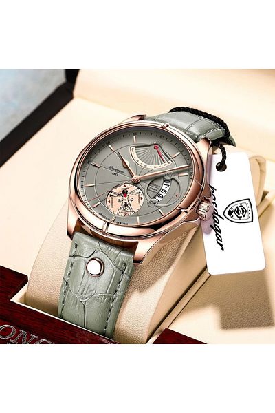POEDAGAR Men's Watch Cs1525, Genuine Leather Strap, Gray, Gray Dial