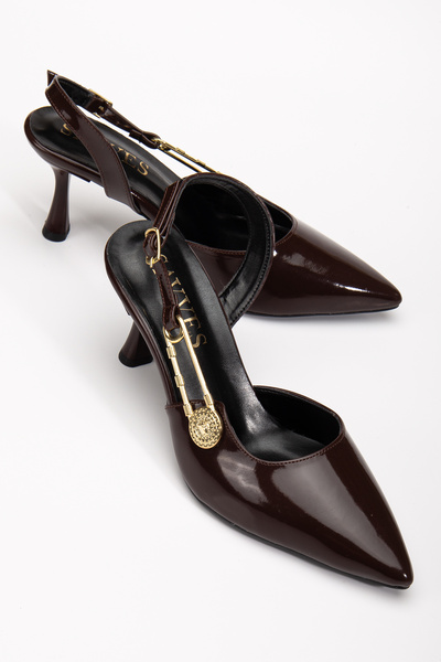 Brielfy Women's Pointed Toe Tapered 7cm Heeled Brown Slingback Side Buckle Summer Graduation Shoes