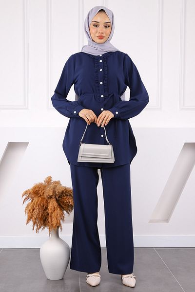 İmajButik Σετ Linda με μπλε βολάν μπλέ και παντελόνι τουνίκ