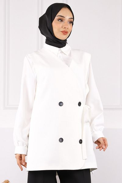 İmajButik Ecru Side Tie Buttoned Crepe Vest