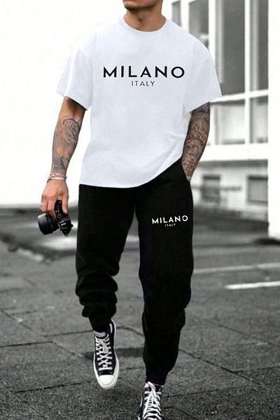 MODARİCH Тениска Milano с качулка Jogger - Комплект от бяла и черна тениска с щампа и пениран памук