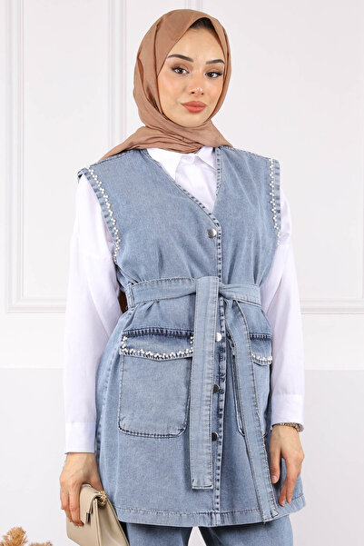 İmajButik Κοστούμι παντελόνι με τζιν γιλέκο με λεπτομέρειες μπλε μαργαριτάρι