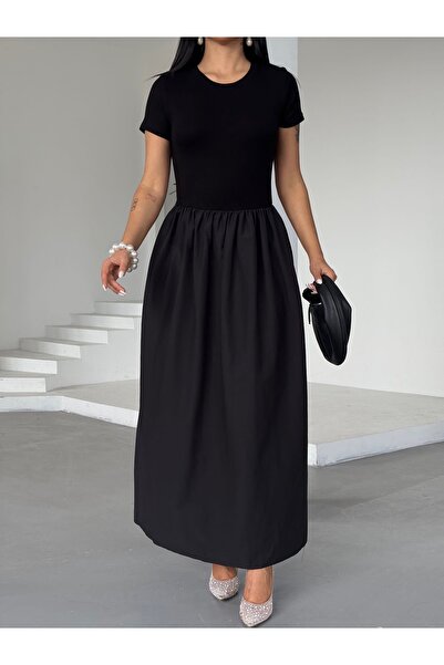 Ekim Store Μαύρο κοντομάνικο μάξι φόρεμα αντίθεσης