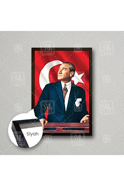 SML TABLO Mustafa Kemal Atatürk Arkasında Bayrak Makam Odası Dekor Çerçeveli ...