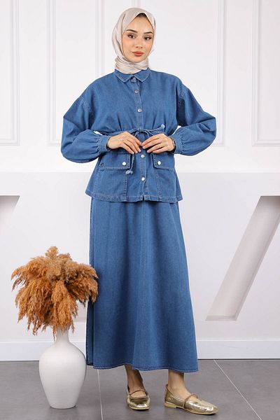 İmajButik Σκούρο μπλε τζιν κοστούμι με μπουφάν και φούστα