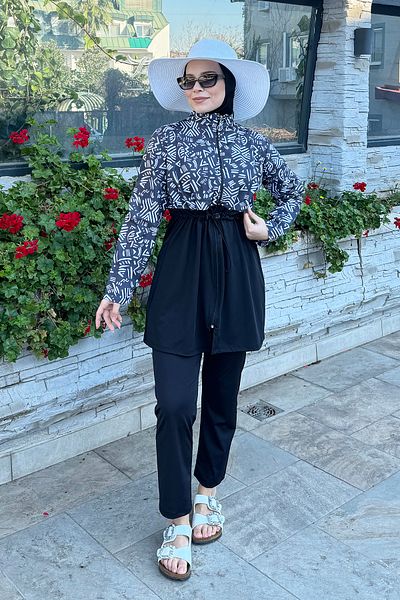 REMSA Zippered Woven Full Covered Hijab Swimsuit T244-13 Black01