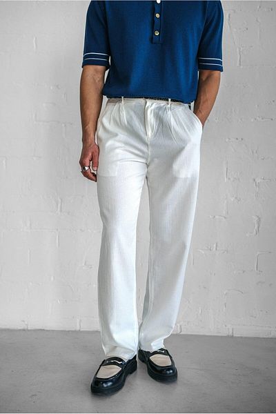 ablukaonline Men's Linen Look Comfortable Regular Summer Trousers White