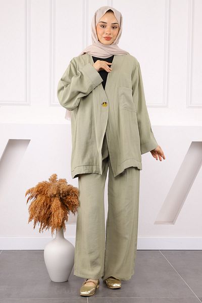 İmajButik Χακί Μπουφάν με ένα κουμπί με παντελόνι