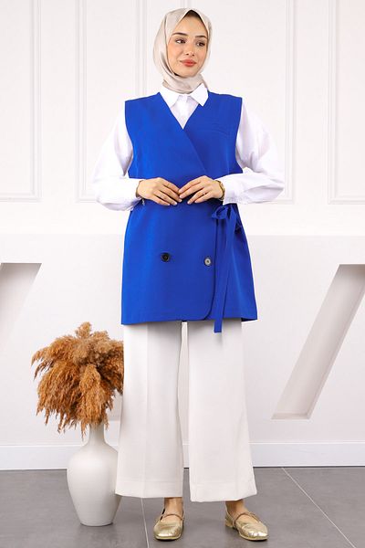 İmajButik Saks Blue Side Tie Buttoned Crepe Vest