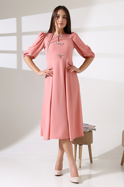 Planet Prestige Karpuz Kollu Metal Aksesuarlı Midi Boy Elbise - Pudra
