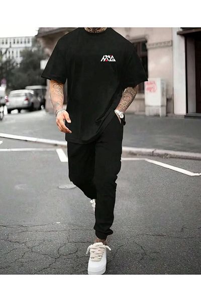 MODARİCH Hng تي شيرت Sweatpants Jogger - أسود مطبوع من القطن الممشط تي شيرت Sweatpants مجموعة مجمعة