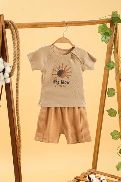 bombe Girl Boy Baby Kids Coffee 2'Li Set Crew Neck Shorts Cotton Comfortable Trend Fashion Bottom Top Set