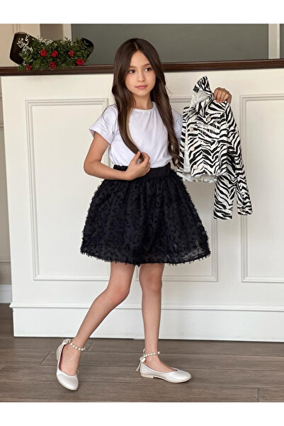 ugurbocegicocukdunyası Uğur Böceği Çocuk Dünyası 3 Parça Zebra Desenli Denim Ceket Püsküllü Etek T-shirt mezuniyet takım