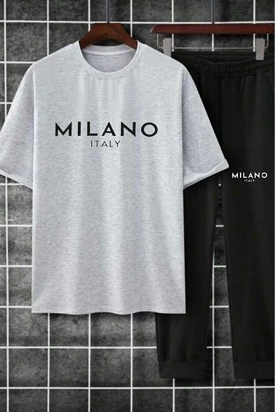 MODARİCH Тениска Milano с качулка Jogger - сива и черна, с щампа, пениран памук, комбинация от тениски и качулки