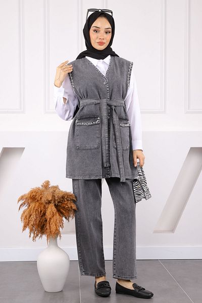 İmajButik Smoked Pearl Detailed Denim Vest Trousers Suit