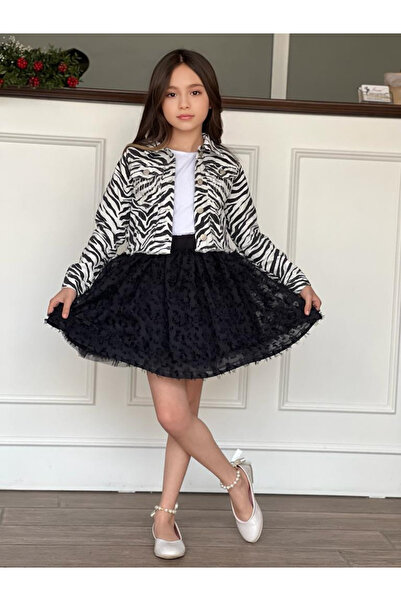 ugurbocegicocukdunyası Uğur Böceği Çocuk Dünyası 3 Parça Zebra Desenli Denim Ceket Püsküllü Etek T-shirt mezuniyet takım