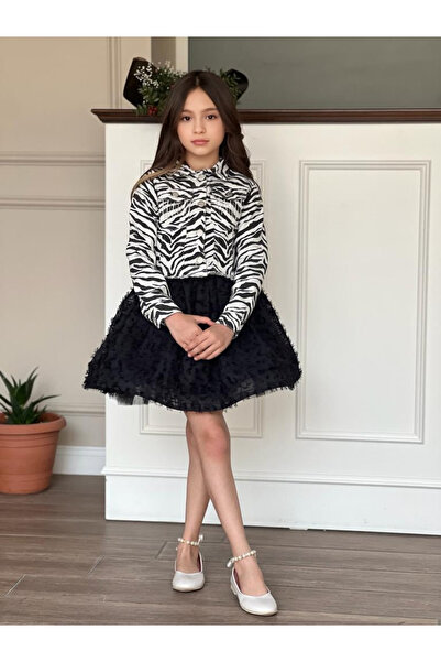 ugurbocegicocukdunyası Uğur Böceği Çocuk Dünyası 3 Parça Zebra Desenli Denim Ceket Püsküllü Etek T-shirt mezuniyet takım