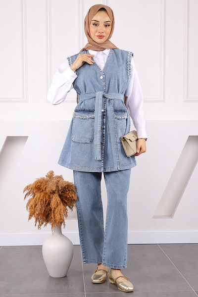 İmajButik Blue Pearl Detailed Denim Vest Trousers Suit