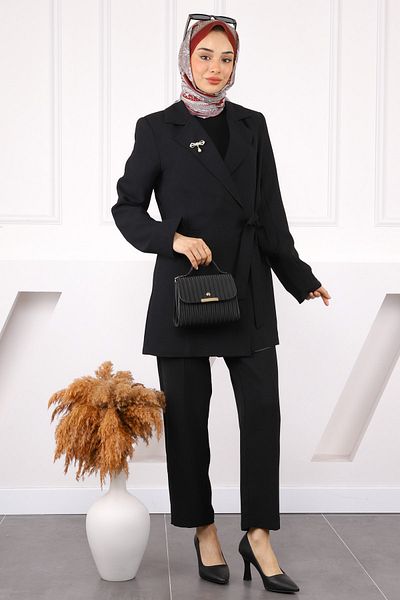 İmajButik Μαύρο Πλαϊνό Δεμένο Κρεπ Μπουφάν Παντελόνι