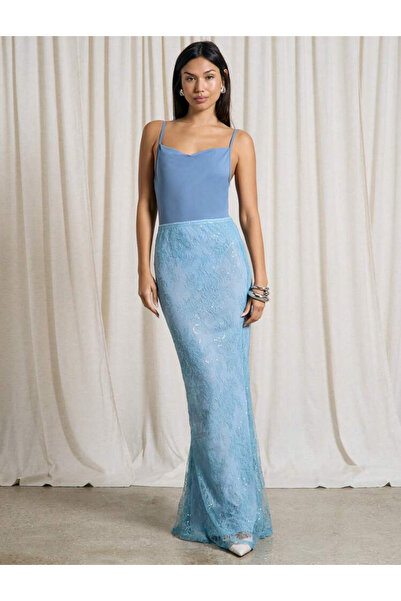 La Saade Lasaa Blue Lace Blouse Top and Skirt Double Set