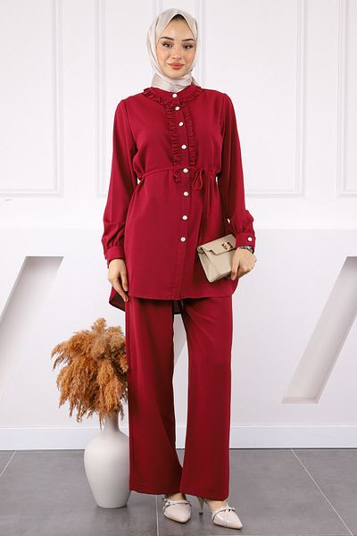 İmajButik Σετ Linda με μπορντό βολάν μπροστά και παντελόνι τουνίκ