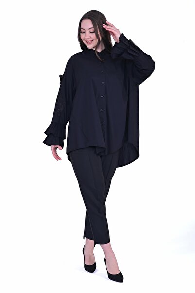 Invee Чорна сорочка з мереживом і рюшами