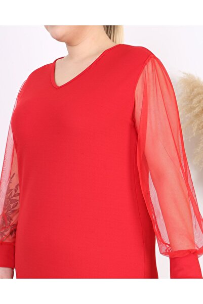 Butik Nilyam Women Plus Size Tulle Sleeve Detail V-Neck Stretchy Evening Dress 24743