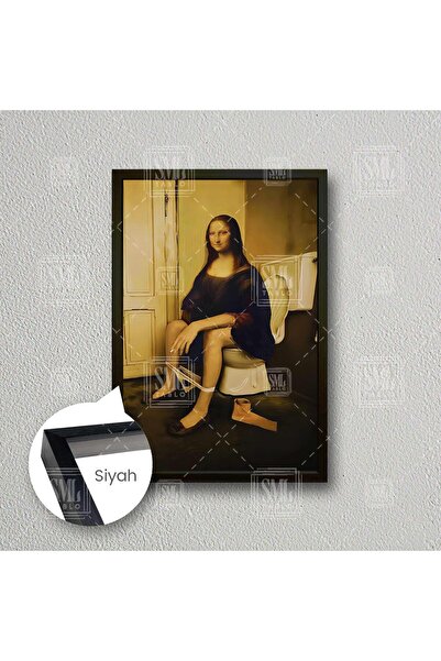 SML TABLO Monalisa Parodi Tuvalette Oturan Mona Lisa ve Klozet Cafe Restaurant Çerçeveli Dikey Kanvas Tablo