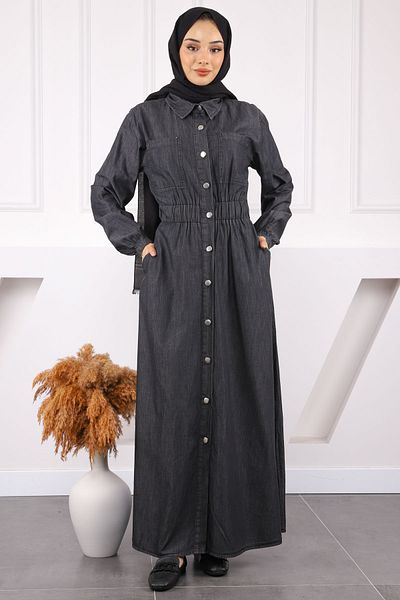 İmajButik Μαύρο τζιν φόρεμα με ελαστική μέση με κουμπιά