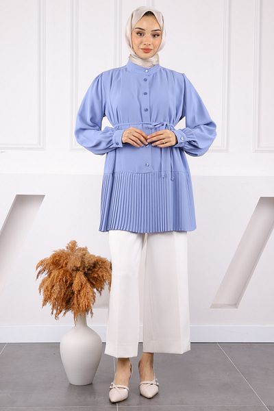 İmajButik Light Blue Skirt Pleated Waist Belted Tunic