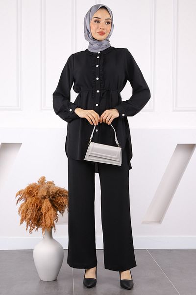 İmajButik Μαύρο βολάν μπροστά Linda Σετ με τουνίκ παντελόνι