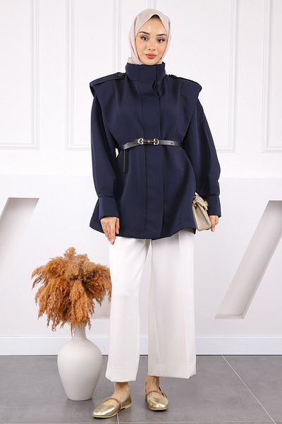 İmajButik Καμπαρντίνα με ζώνη με επωμίδες ώμου Navy Blue
