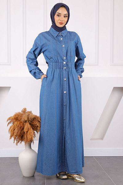 İmajButik Μπλε τζιν φόρεμα με ελαστική μέση με κουμπιά