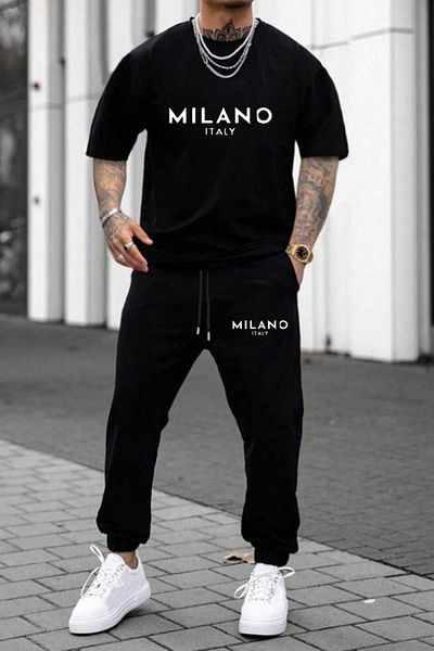 MODARİCH Тениска Milano с щампа и анцуг - Черна комбинация от тениска с пениран памук