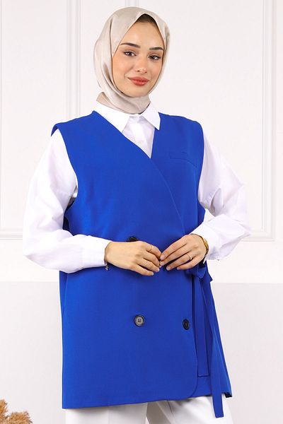 İmajButik Saks Blue Side Tie Buttoned Crepe Vest