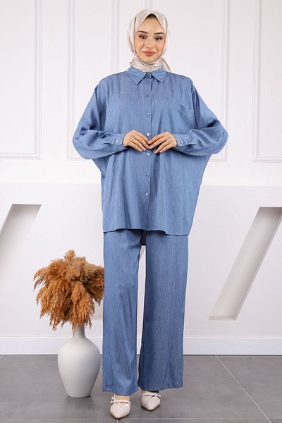 İmajButik Μπλε κοστούμι παντελόνι υπερμεγέθη τουνίκ μονής τσέπης