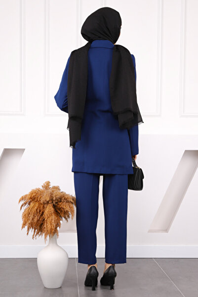 İmajButik Navy Blue Side Tie Crepe Jacket Pants Suit