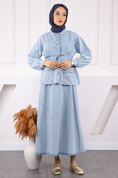 İmajButik Light Blue Pocket Jacket Skirt Denim Suit