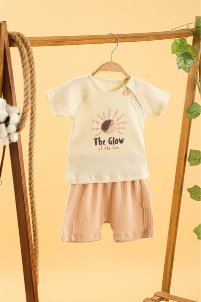 bombe Girl Boy Baby Kids Natural 2 Piece Set Crew Neck Shorts Cotton Comforta...