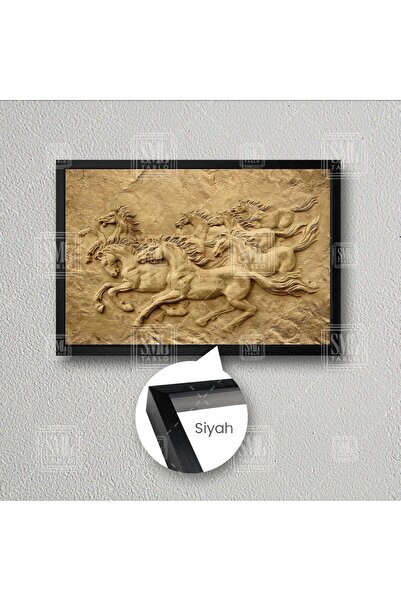 SML TABLO Koşan At Sürüsü 3D Sepya Dekoratif Hayvan Çerçeveli Yatay Kanvas Tablo