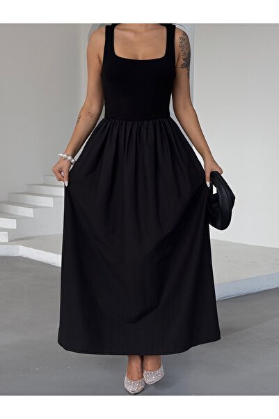 Ekim Store Yeni Sezon Siyah Kalın Askılı Maxi Elbise